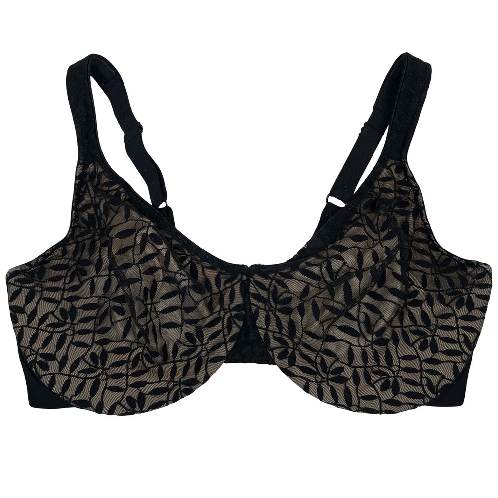 Olga Underwire Bra 42DD Black Tan Sheer  Leaves Lace Overlay Full Coverage 35519